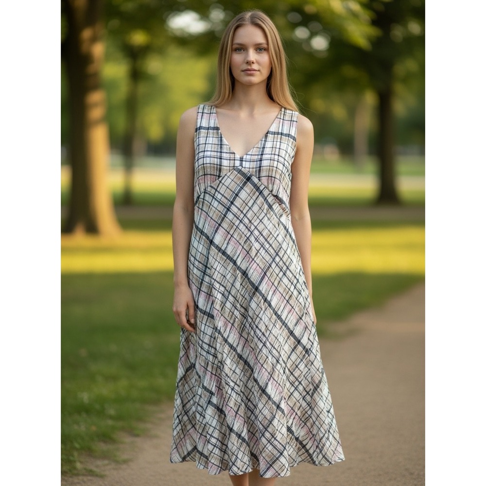 EDDIE BAUER Plaid Midi Dress‎ XL Empire Waist Sleeveless Gorpcore Preppy Coastal